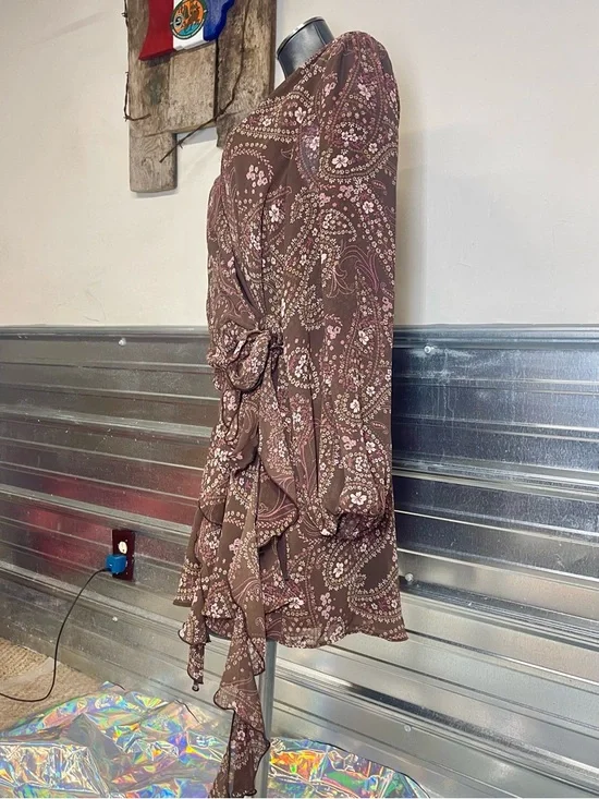 Abercrombie & Fitch Paisley Wrap Dress Brown Pink Floral Ruffle Hem Boho Women’s - Picture 6 of 13